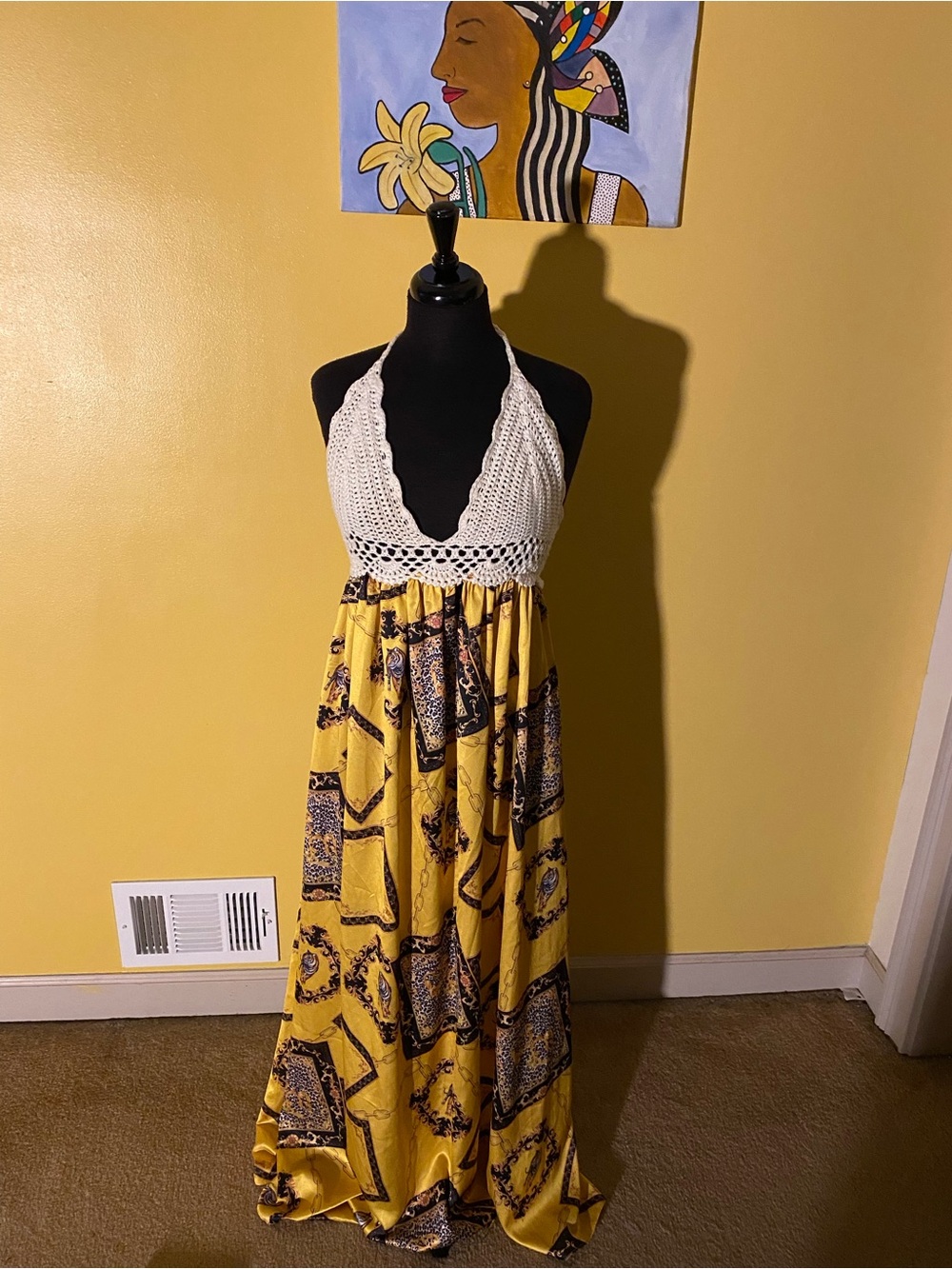 Crochet Halter Yellow Print Maxi Dress